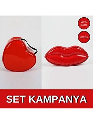 Maykis Dudak Kalp Set Kırtasiye, Hediyelik, Kalemlik, Kozmetik, Kırmızı Set Makyaj Çantası