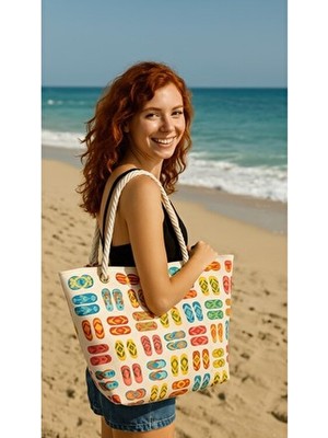 Luxway Home Plaj Terliği Büyük Boy Piknik ve Plaj Çantası – Halat Saplı – 55X36X15 cm