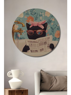 Teona Ahşap Şık Kedi Banyo Keyfi Sulu Boya Görünümlü Dekoratif Ahşap Tablo Yuvarlak Tablo