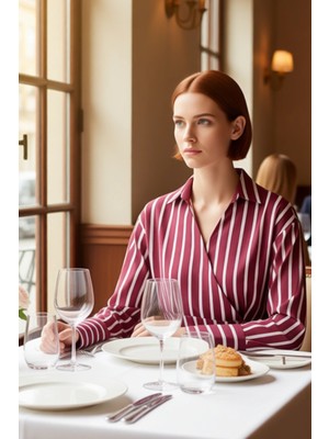 FRM Kadın Çizgili Desenli Kruvaze Detaylı Uzun Kollu Regular Kesim Bluz Fonksiyonel Dayanıklı Şık