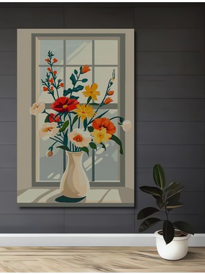 Teona Ahşap Vazo Dolu Cıvıl Cıvıl Çiçekler Sulu Boya Görünümlü Ahşap Dekoratif Tablo Dikdörtgen Tablo