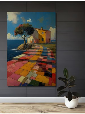 Teona Ahşap Renkli Yollarla Sahile Ulaşan Ev Yağlı Boya Görünümlü Ahşap Dekoratif Tablo Dikdörtgen Tablo