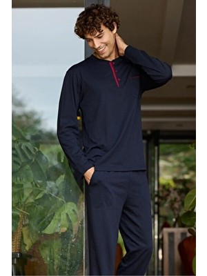 Kly %100 Pamuk Uzun Kollu Ekstra Battal Beden Erkek Pijama Takım Düz Desenli Lacivert