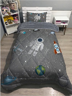 Welsoft Pofuduk Astronot Desenli Tek Kişilik Yorgan Uyku Seti Pamuk Polyester Materyal Çok Renkli