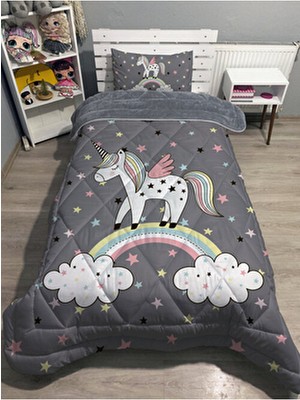 Welsoft Pofuduk Çift Taraflı Ünicorn Desenli Tek Kişilik Yorgan Pamuk Polyester Materyal