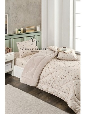 ChicMaison Bej Yıldız Desenli Tek Kişilik Pofuduk Uyku Seti Wellsoft Materyal ile Konforlu