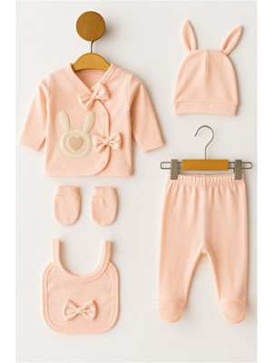 Organik Kız Bebek Tavşan Desenli 5'li Tulum Hastane Çıkışı Yenidoğan Kıyafet Mama Önlüğü