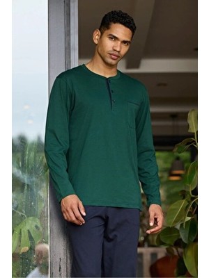 Kly Pamuk Uzun Kollu Ekstra Battal Beden Erkek Pijama Takım Düz Desen ile Rahat Homewear
