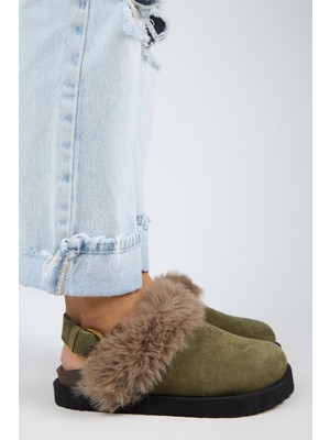 Manijero Antonella Kürklü Kadın Hakiki Deri Arkadan Kemerli Platform Sabo Haki Sandalet