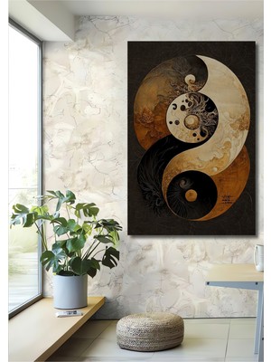 Teona Ahşap Altın Siyah Yin Yang Yağlı Boya Görünümlü Dekoratif Ahşap Tablo Dikdörtgen Tablo