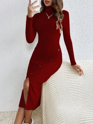 Gökyüzü Moda Kadın Uzun Kollu Balıkçı Yaka Yırtmaçlı Düğmeli Şardonlu Kaşkorse Elbise