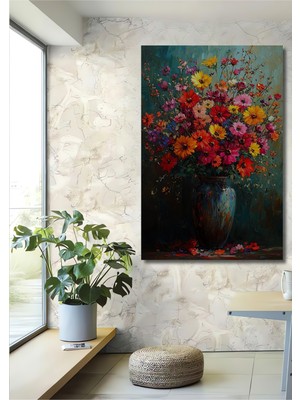 Teona Ahşap Renkli Çiçekler Yağlı Boya Görünümlü Ahşap Dekoratif Tablo Dikdörtgen Tablo