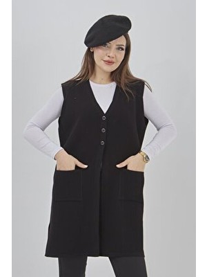 Kadın Uzun Mevsimlik Triko Likralı Esnek Cepli Düğmeli Yelek