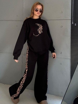 Mint 5832 Leoparlı Eşofman Takımı Siyah