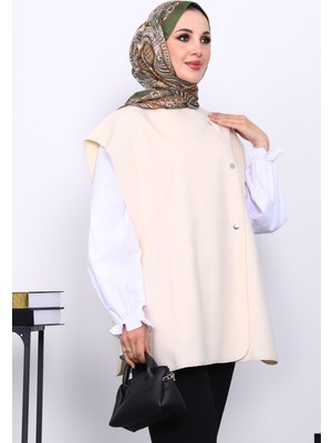 İmaj Butik Krem Çıtçıt Detaylı Kaşe Yelek