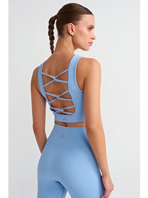 COMEUP Kadın Balıksırtı Desenli Çapraz Ipli Sporcu Sütyeni Mavi Nefes Alabilir Kumaş ile Konfor