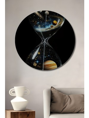 Teona Ahşap Evrenin Kum Saati Yağlı Boya Görünümlü Dekoratif Ahşap Tablo Yuvarlak Tablo