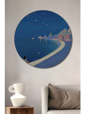 Teona Ahşap Muhteşem Dolunay Gecesi Sahil Yolculuğu Sulu Boya Görünümlü Dekoratif Ahşap Tablo Yuvarlak Tablo