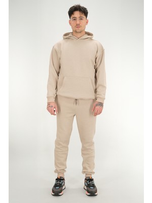 Souris Erkek Bej Eşofman Takımı Rahat Kesim 3 Iplik Şardonlu Kapüşonlu Ipli Ribana Bel