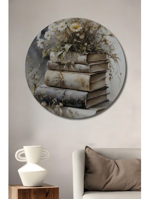 Teona Ahşap Kitaplar Üzerinde Çiçeklerle Sulu Boya Görünümlü Ahşap Dekoratif Tablo Yuvarlak Tablo