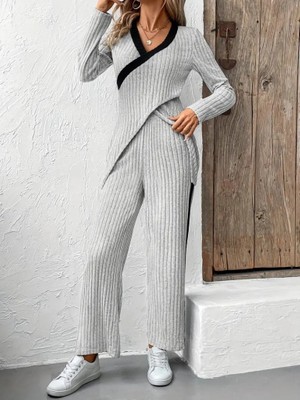 Aesco Kadın Uzun Kollu V Yakalı Çapraz Detaylı Şardonlu Kaşkorse Bluz ve Pantolon Ikili Takım