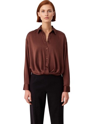 Ersefa Kadın Dökümlü Oversize Gömlek Saten Dokulu Uzun Kollu Rahat Kesim Gündelik Modern Stil Şık