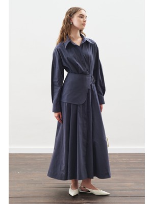 Manuka Kemer Detaylı Pileli Elbise Lacivert