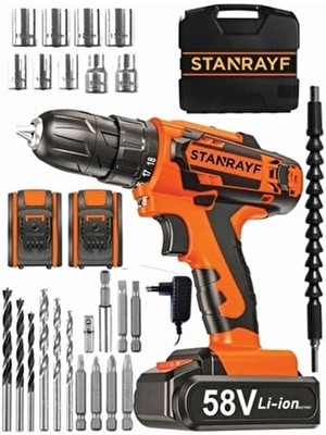 Stanrayf 58 V Akülü Darbeli Matkap 10 Ah Copper Çift Akülü Hafif ve Taşınabilir 27 Pcs Uç Set