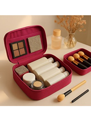 Fuşya - 4 Bölmeli Makyaj Çantası | Bakım Seyahat Makyaj Kozmetik Organizer Çanta