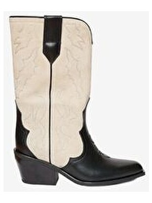 Greyder Kadın Siyah Bej Hakiki Deri Topuklu Çizme 4K2AB59149