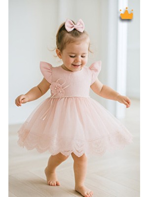 Minimony Gofre Tül Etekli Kız Bebek Abiye Bayramlık Elbise Pudra 0-24 Ay Fırfırlı Silüet