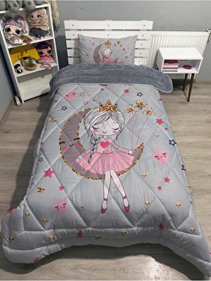 Welsoft Pofuduk Çift Taraflı Tek Kişilik Yorgan Uyku Seti Gri Pamuk Polyester Çiçek Desenli