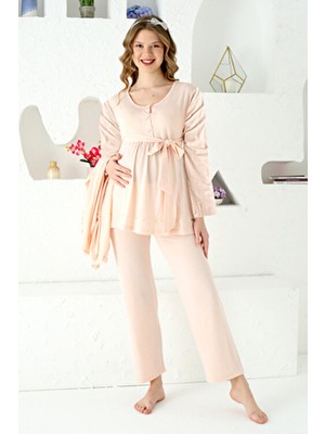 Jenika Hamile Uzun Kol Sabahlıklı Cep Detaylı Birleşik Kuşaklı 3'lü Gecelik Takım