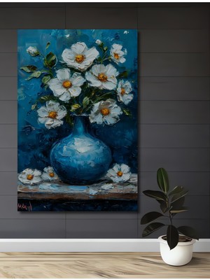 Teona Ahşap Mavi Vazo ve Beyaz Çiçekler Yağlı Boya Görünümlü Ahşap Dekoratif Tablo Dikdörtgen Tablo