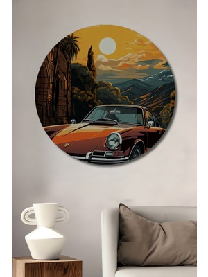 Teona Ahşap Kırmızı Klasik Porsche Yağlı Boya Görünümlü Ahşap Dekoratif Tablo Yuvarlak Tablo
