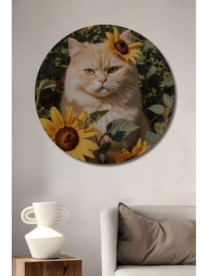 Teona Ahşap Sarı Güneş Çiçekleri Arasında Tatlı Kedi Yağlı Boya Görünümlü Dekoratif Ahşap Tablo Yuvarlak Tablo
