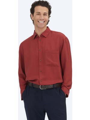 Kip Kırmızı Fitilli Oversize Fit Dokuma Casual Gömlek