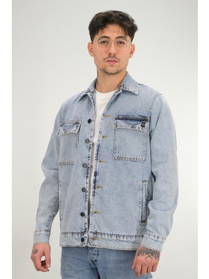 Souris Erkek Buz Mavisi Yıkamalı Kot Ceket Rahat Kalıp Gömlek Yaka Kapaklı Çift Cep