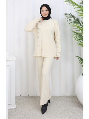 Triko Taş Detaylı Kazak Pantolon Ikili Takım 0014-02 Bej