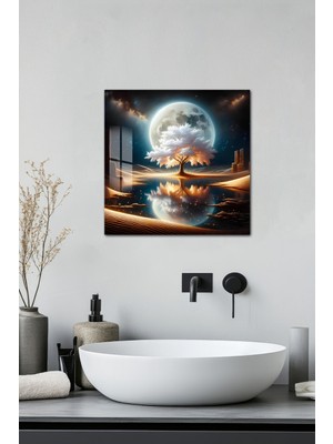 KutuTR 3D Görünümlü Temperli Cam Tablo – Ay ve Çöl Manzaralı Ağaç Uv Baskı 33X33 cm -CTK013