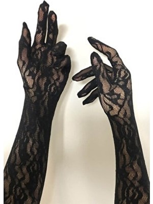 Hayalperest Boncuk Siyah Bilek Boy Dantelli Eldiven