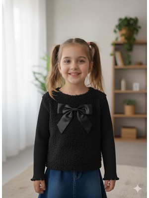 Şimo Butik Bayramlık Kışlık Fuzzy/peluş Gövdeli Fitilli Kollu Süveter Görünümlü Kız Çocuk Sweat Bluz