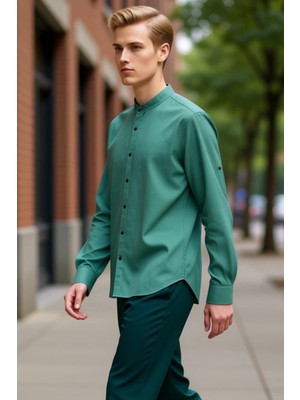 PayBuy Erkek Slim Fit Hakim Yaka Düz Desen Uzun Kollu Pamuklu Keten Görünümlü Şık Casual Gömlek Spor