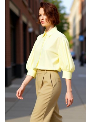 PayBuy Kadın Balon Kol Düz Gömlek Klasik Yaka Rahat Kesim Gündelik Şıklık Yazlık Kombinler Modern Görünüm