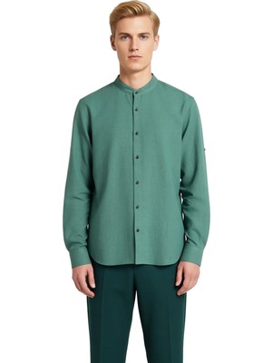 Ersefa Erkek Keten Görünümlü Pamuklu Hakim Yaka Slim Fit Uzun Kollu Modern Kesim Gömlek Dayanıklı