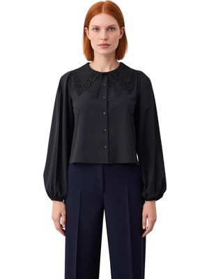 Ersefa Kadın Güpür Detaylı Bebe Yaka Crop Gömlek Uzun Balon Kol Dokuma Kumaş Rahat Kalıp Günlük Kullanım