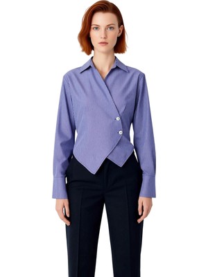 Ersefa Kadın Çizgili Kruvaze Detaylı Uzun Kollu Gömlek Vücuda Oturan Şık Üst Tasarım Modern Stil Spor