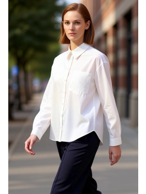 PayBuy Kadın Dokulu Nakış Detaylı Uzun Kollu Regular Fit Gömlek Modern ve Konforlu Tasarım Günlük