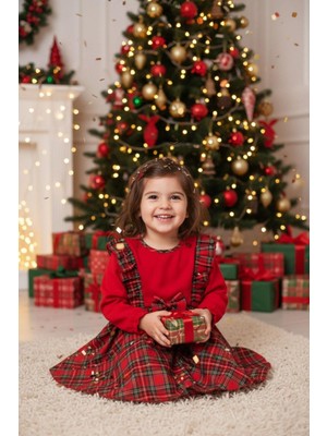 Mojo Bebek Mojo Kız Bebek 1-3 Yaş Ekose Desenli Kurdela Kemerli Elbise Kırmızı