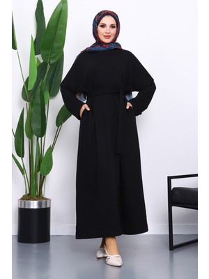 İmaj Butik Siyah Kuşaklı Üç İplik Elbise